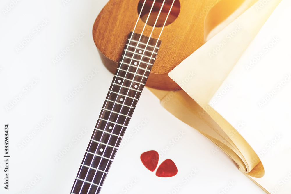 Wall mural on a white background is a ukulele, an album with empty sheets and two red picks, illuminated by sun