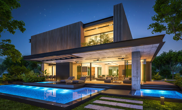 3d rendering of modern cozy house with parking and pool for sale or rent with wood plank facade and beautiful landscaping on background. Clear summer night with many stars on the sky.