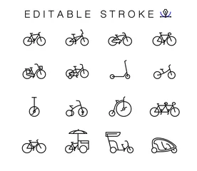 Fotobehang Bicycle types vector linear icons set. Outline symbols pack with editable stroke. Collection of simple 16 bicycle types icons isolated contour illustrations.  bmx,  touring, dirt, female bike. © 300_librarians