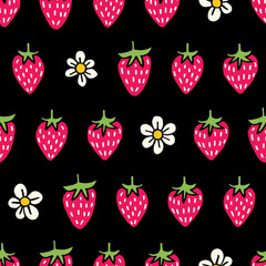 Colorful Hand-Drawn Felt Tip Marker Strawberries and Blooms on Black Background Set Vector Seamless Pattern. Cute Summer Trendy Kids Print for Fashion, Textiles