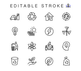 Alternative energy sources vector linear icons set. Ecology renewable energy outline symbols pack. Collection of alternative energy icons isolated contour illustrations. Electric car. Solar power