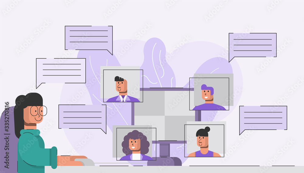 Poster Group of friends or colleagues using video conference technology on personal computer. Concept working at home or video calling application.