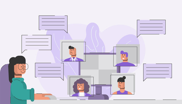 Group of friends or colleagues using video conference technology on personal computer. Concept working at home or video calling application.