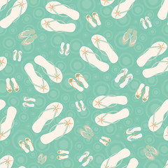 Flip flop shoe seamless vector pattern background. Pretty sandals with starfish decoration on pastel teal backdrop. Hand drawn design. All over print for beach wedding, summer vacation resort concept