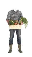 Farmer holds a crate of vegetables in his hands, isolated on white background