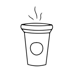 Disposable paper cup of hot coffee to go. Vector illustration in doodle outline style. Quick delivery of food and drink