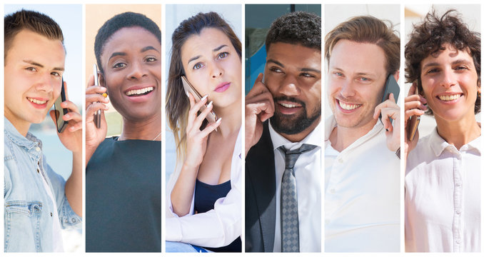 Positive Multiracial People Talking On Cells Portrait Set. Happy Men And Women Of Different Races Speaking On Mobile Phone Multiple Shot Collage. Communication Concept