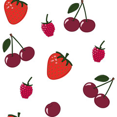 Natural delicious juicy organic berries seamless pattern with strawberries, cherry, raspberry, vector color illustration on white background, isolated