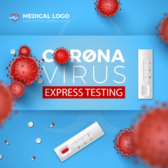 Coronavirus Express Testing card. Covid-19 rapid tests and 3d red virus cells on blue background. Coronavirus disease 2019, Vector illustration design of blood test.