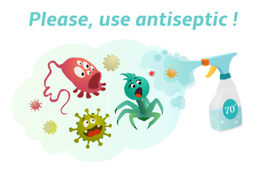 Use antiseptic with a content of more than 70% alcohol! Covid-19 concept poster or  illustration