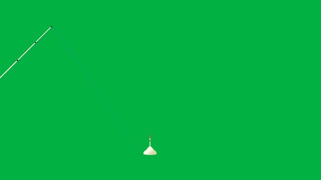 Throwing fishing rod with line and float side view footage with green wall background