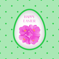 Happy Easter. Colorful greeting card with egg frame for text. Floral vector illustration on pattern background. Perfect for creating collages, design of banners, flyers, decoration, wishes, etc.