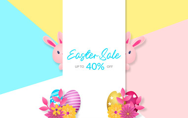 easter sale banner design, vector illustration with eggs, rabbit and flower
