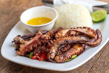 Fried octopus tentacles with white rice on a plate, close up