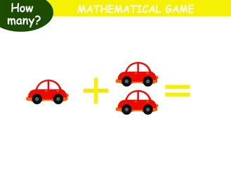 examples of addition with cars. educational page with mathematical examples for children.