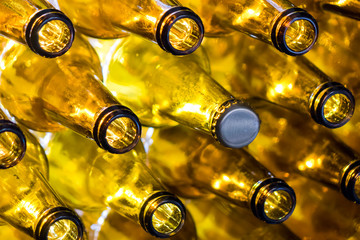 glass empty beer bottles in rows, open the necks on the camera, one bottle with a cap, small depth...