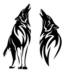 Obraz premium howling wolf black and white vector design set - standing animal and tribal style head outline