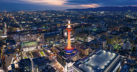 Aerial panoramic view of Kyoto tower and skyline