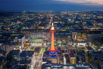 Aerial panoramic view of Kyoto tower and skyline