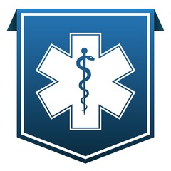 Star of Life medical emblem on blue tag ribbon banner icon isolated on white background.  EMS, First responder symbol. 