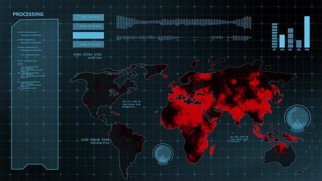 World map business crisis financial business investment HUD user interface futuristic monitor screen background and science lab 3D COVID Corona virus infect count number warning health care alert sign