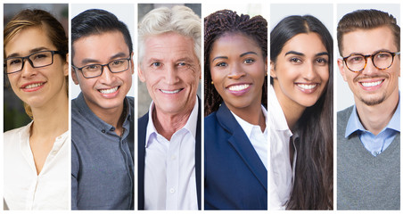 Worldwide business project team members portrait set. Positive smiling men and women of different races and ages multiple shot collage. Human emotions concept
