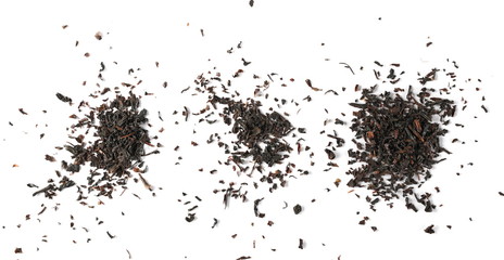 Set pile black tea leaves isolated on white background and texture, top view