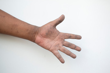 Hand, dirty fingers and hand gesture on a white background on an empty space