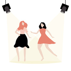 Dancing people in flat style. Two women dance in the spotlight Young and dance, dancer pose set, fashion and happy. Vector illustration