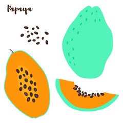 Half an orange papaya. Ripe papaya with seeds.Vector illustration cartoon flat icon isolated on white. can be used for: Print, banner, label, poster, sticker, logo.