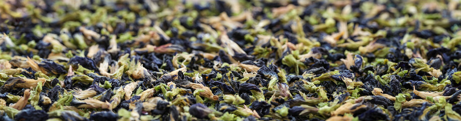 Panorama of dried butterfly pea flowers close up for background