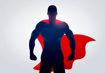Vector Illustration Superhero In Strong Pose With Cape. Silhouette Of A Super Hero Man © Black White Mouse