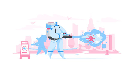People disinfecting city streets from contagious virus