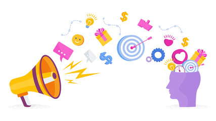 Advertising business concept. Messages fly from a megaphone to a person head.