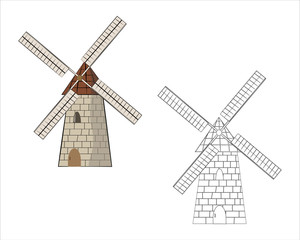 Vector illustration of a stone mill in color and black and white on a white background.