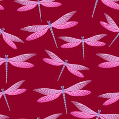 Dragonfly charming seamless pattern. Summer clothes fabric print with flying adder insects. Graphic 
