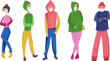 Masked people hand drawn flat illustration. People, who take care of themselves, on white background.