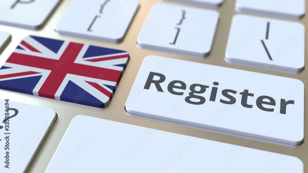 Poster register text and flag of great britain on the keyboard. online services related 3d animation
