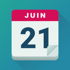 Calendrier 21 juin, jour du solstice d'été (flat design)
