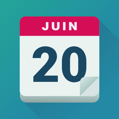 Calendrier 20 juin, jour du solstice d'été (flat design)