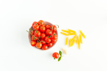 Italian red tomatoes close up food with pasta, basil leafs, cheese