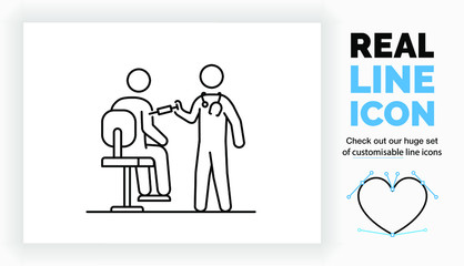 Editable real line icon of a standing stick figure doctor giving a patient sitting on a chair his vaccination with a needle or takes a blood sample for a medical test in modern clean lines as a eps