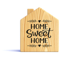 Wooden house with calligraphic quote Home Sweet Home isolated on white background. 3d illustration