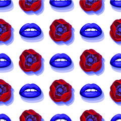 Fashion seamless pattern, sexy purple lips and beautiful flowers, wallpaper background, print fabric, textile, cover paper. Vector illustration.