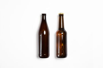 Full brown Beer Bottles Mock-up with a blank label on white background.High-resolution photo