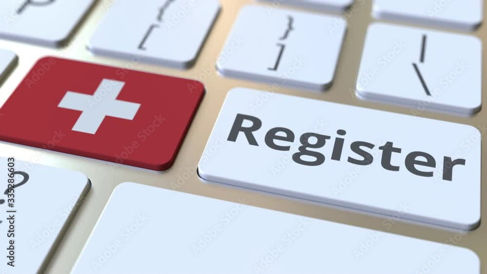 Poster register text and flag of switzerland on the keyboard. online services related 3d animation