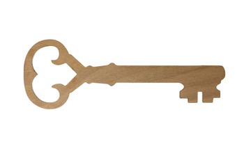 key made out of wood. wooden key isolated on white background. laser cutting and engraving.