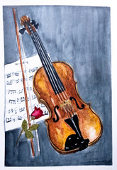 Naklejka na ściany i meble Violino con spartito musicale e rosa