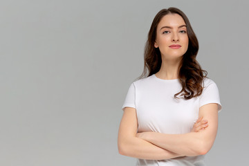 Attractive confident creative good-looking female bossy employee cross arms chest self-assured pose...