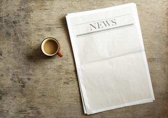 Newspaper and coffee on wooden background - obrazy, fototapety, plakaty
